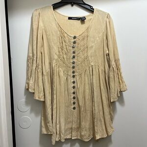 Women’s flowy embroidered button down tunic top plus size 12W, beige khaki